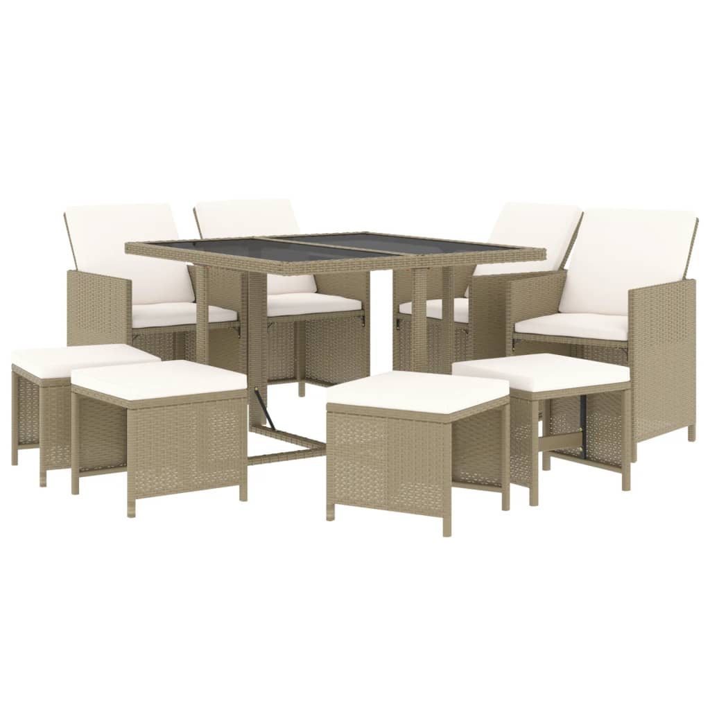 9-Delige Tuinset Met Kussens Poly Rattan Beige En Crèmewit