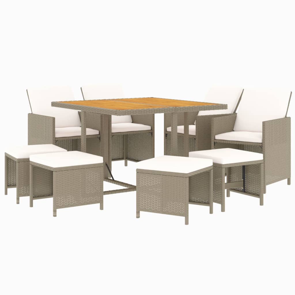 9-Delige Tuinset Met Kussens Poly Rattan Beige En Crèmewit