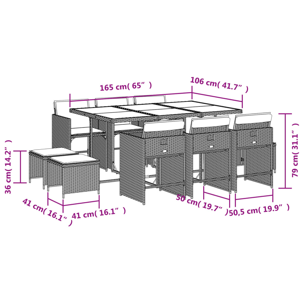 11-Delige Tuinset Met Kussens Poly Rattan
