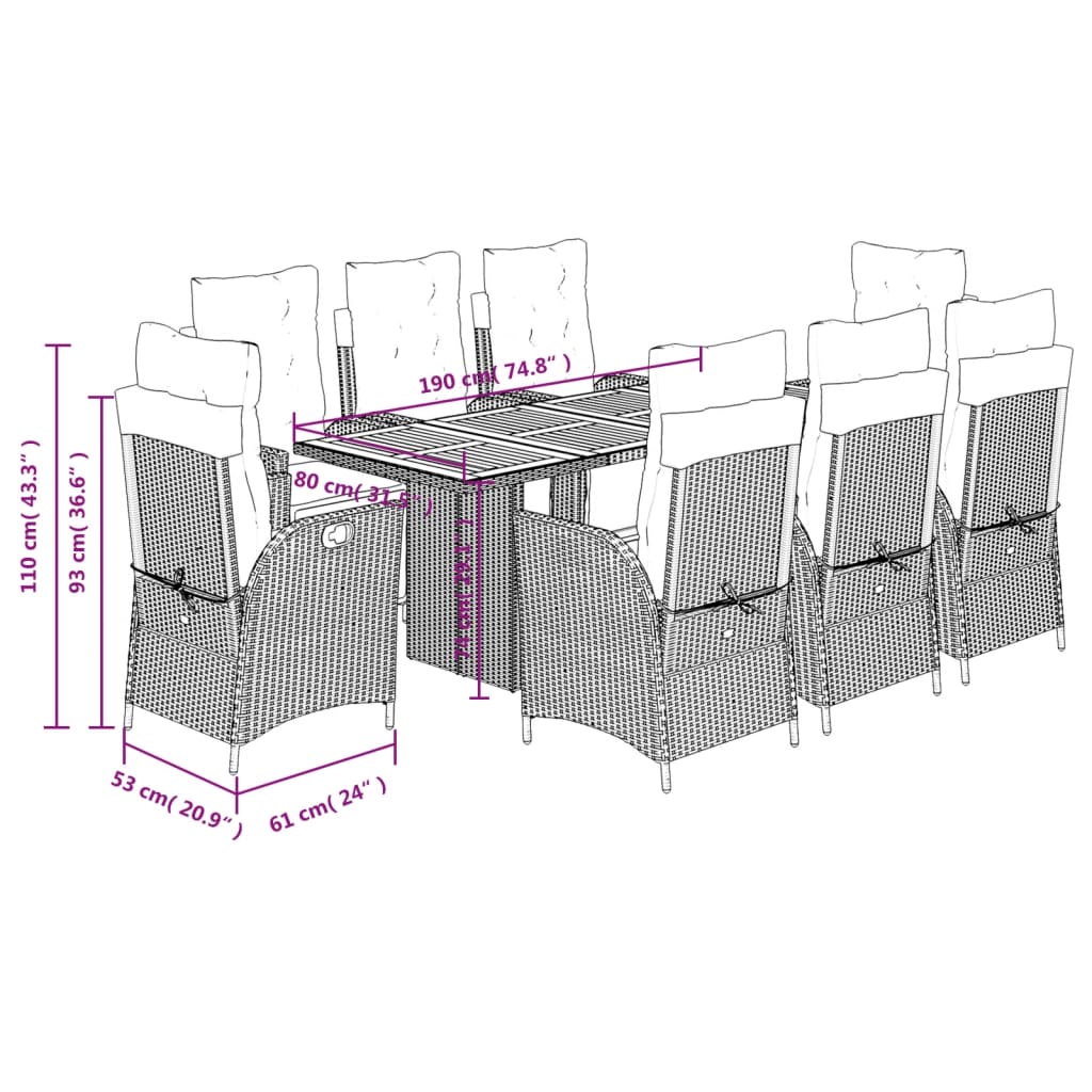9-Delige Tuinset Met Kussens Poly Rattan