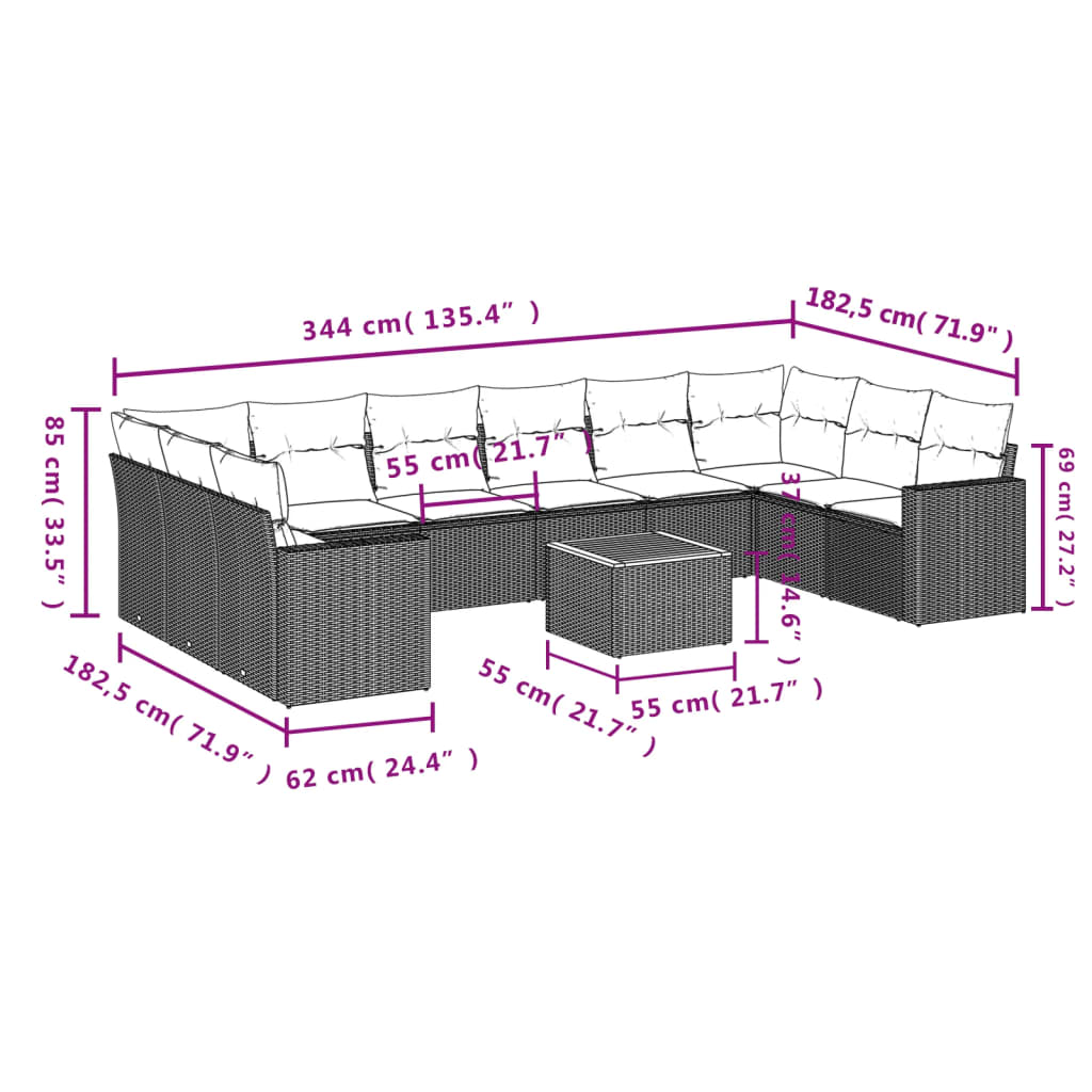11-Delige Tuinset Met Kussens Poly Rattan