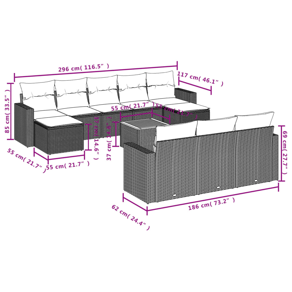 11-Delige Tuinset Met Kussens Poly Rattan