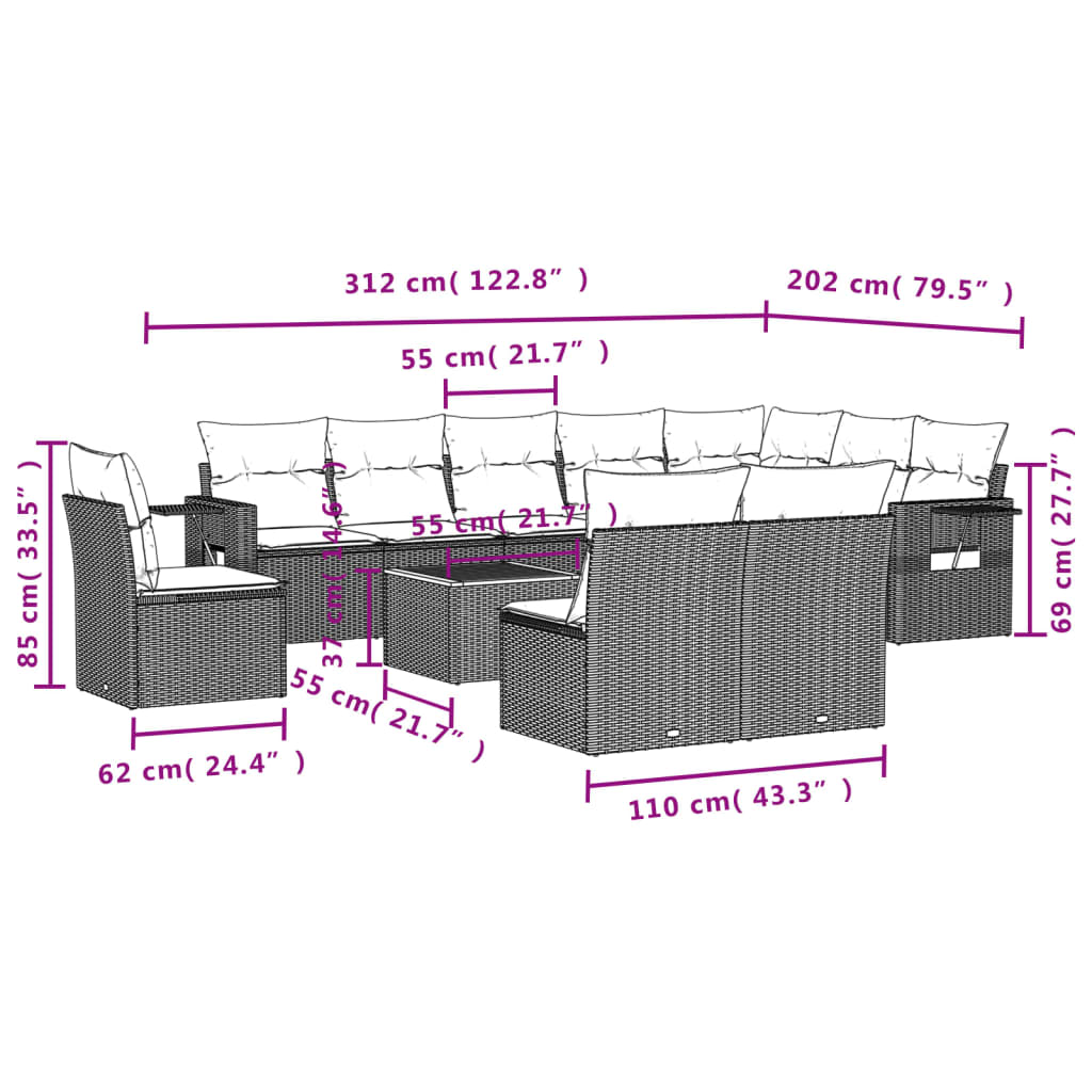 11-Delige Tuinset Met Kussens Poly Rattan