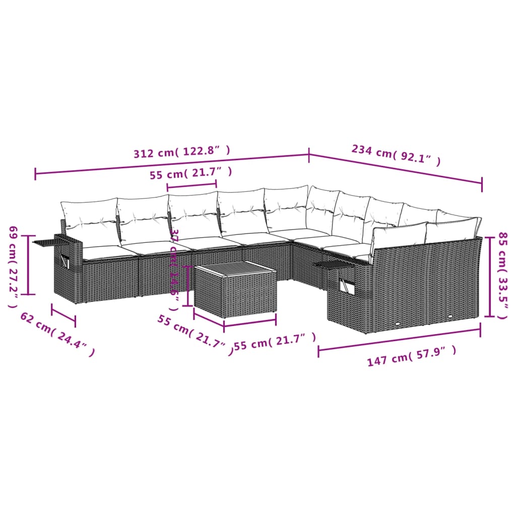11-Delige Tuinset Met Kussens Poly Rattan
