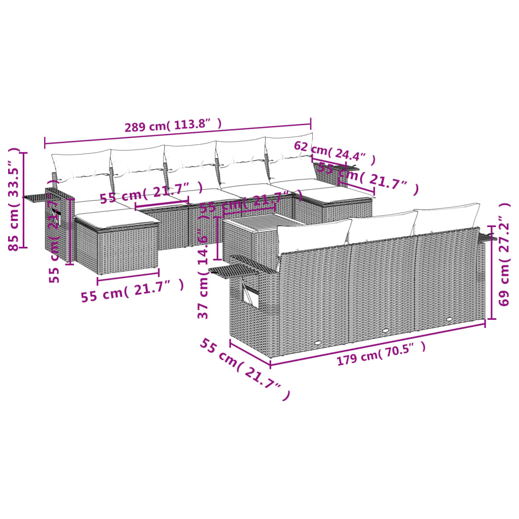 11-Delige Tuinset Met Kussens Poly Rattan