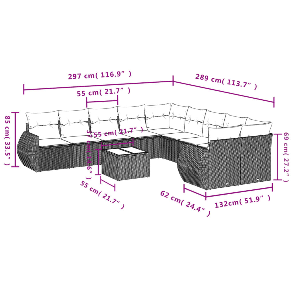 11-Delige Tuinset Met Kussens Poly Rattan