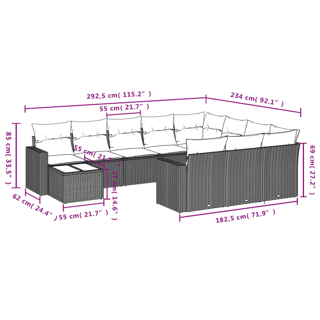 11-Delige Tuinset Met Kussens Poly Rattan