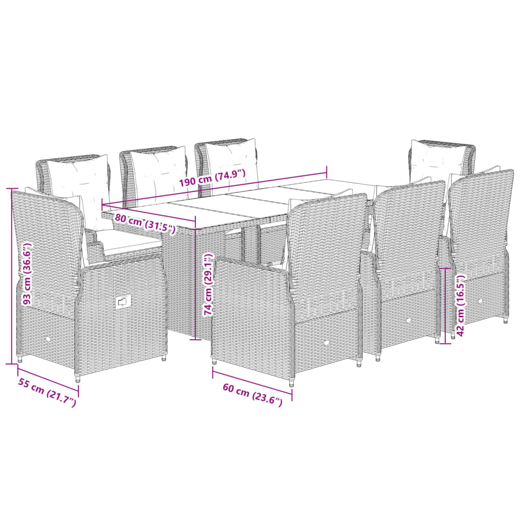 9-Delige Tuinset Met Kussens Poly Rattan
