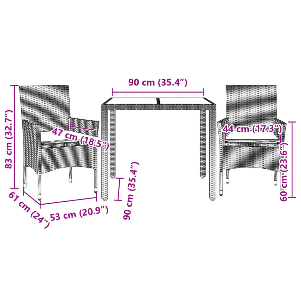 3-Delige Tuinset Met Kussens Poly Rattan En Glas