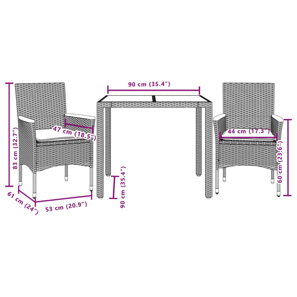 3-Delige Tuinset Met Kussens Poly Rattan En Glas