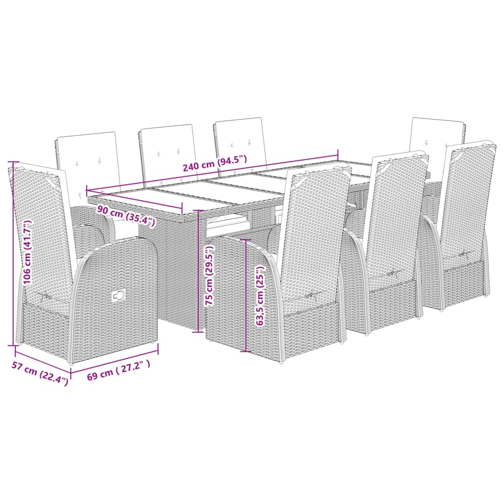 9-Delige Tuinset Met Kussens Poly Rattan Grijs