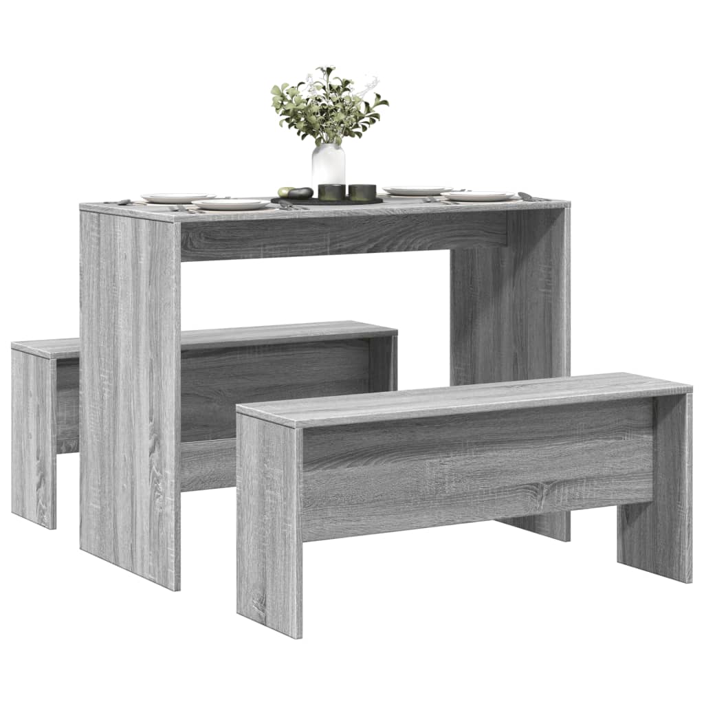 3-Delige Eettafel En Bankenset Bewerkt Hout