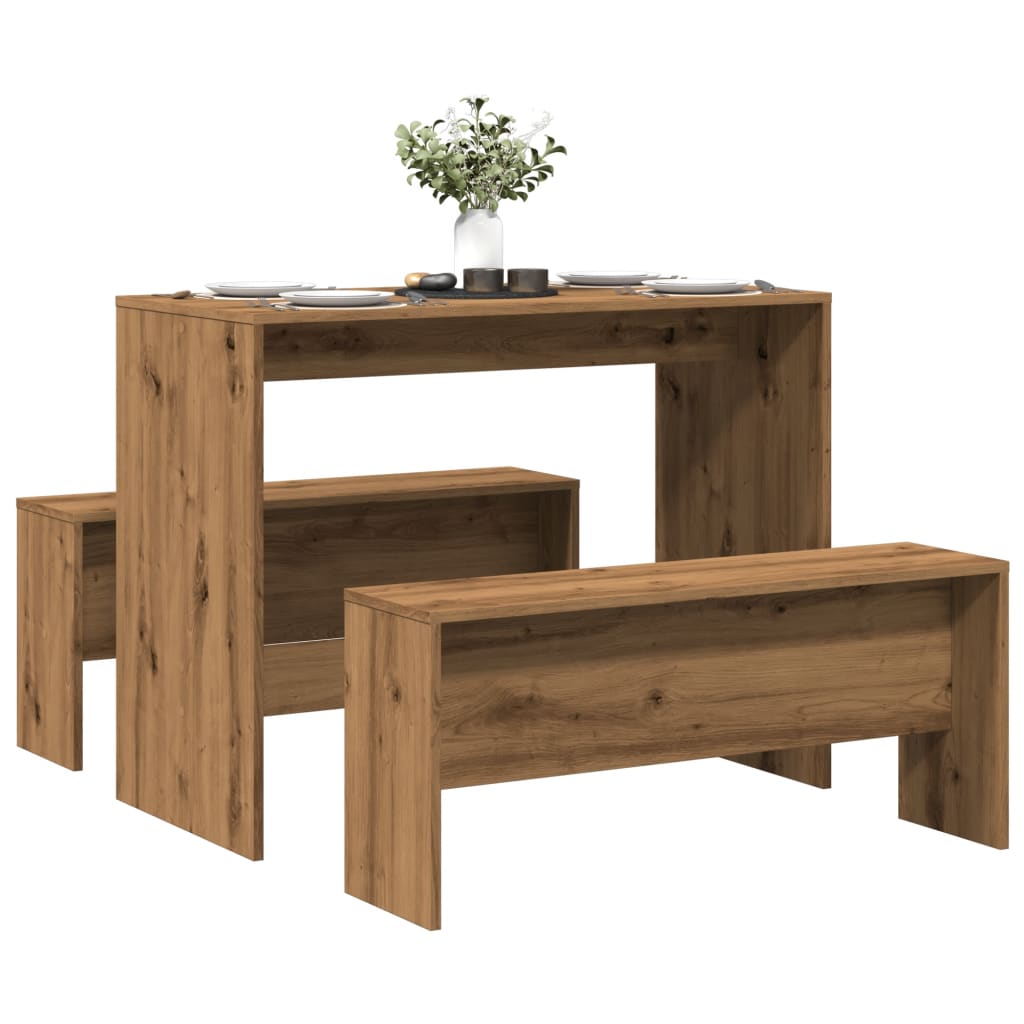 3-Delige Eettafel En Bankenset Bewerkt Hout