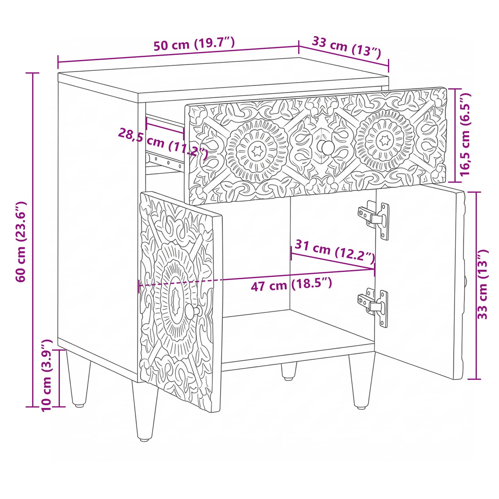 Bed Kast Met Lade 50 X 33 X 60 Cm Massief Mango Hout