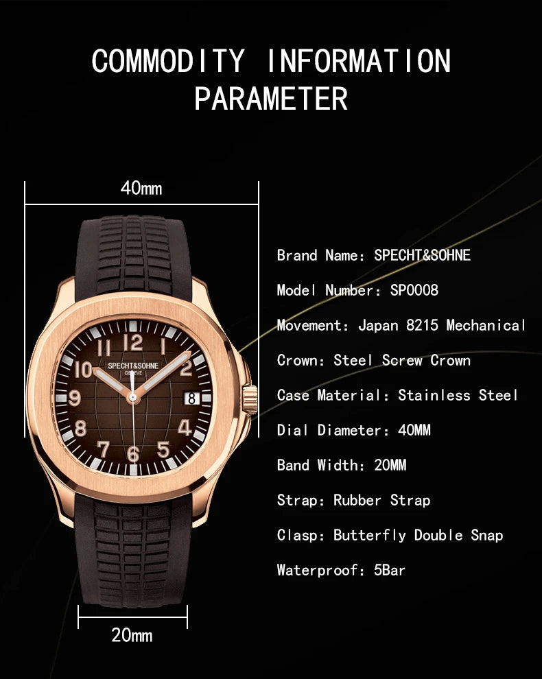 Specht&Sohne Brand Automatic Mechanical Watches Sports Wristwatches Green Sapphire Luminous 50M Waterproof  Relogio Masculino