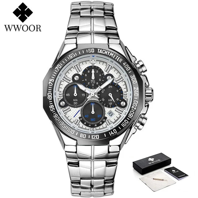 WWOOR Men's Watches Luxury Military Quartz Stainless Steel Old Watch Waterproof Chronograph Luminous Watch For Men Reloj Hombre
