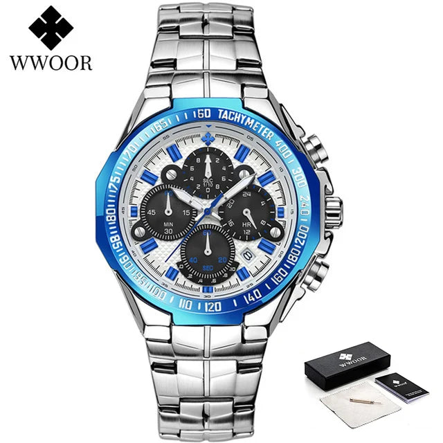 WWOOR Men's Watches Luxury Military Quartz Stainless Steel Old Watch Waterproof Chronograph Luminous Watch For Men Reloj Hombre