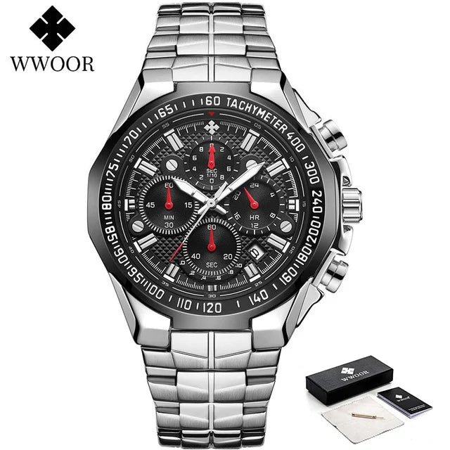 WWOOR Men's Watches Luxury Military Quartz Stainless Steel Old Watch Waterproof Chronograph Luminous Watch For Men Reloj Hombre