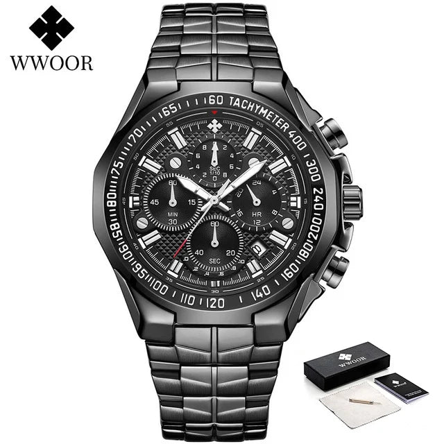 WWOOR Men's Watches Luxury Military Quartz Stainless Steel Old Watch Waterproof Chronograph Luminous Watch For Men Reloj Hombre