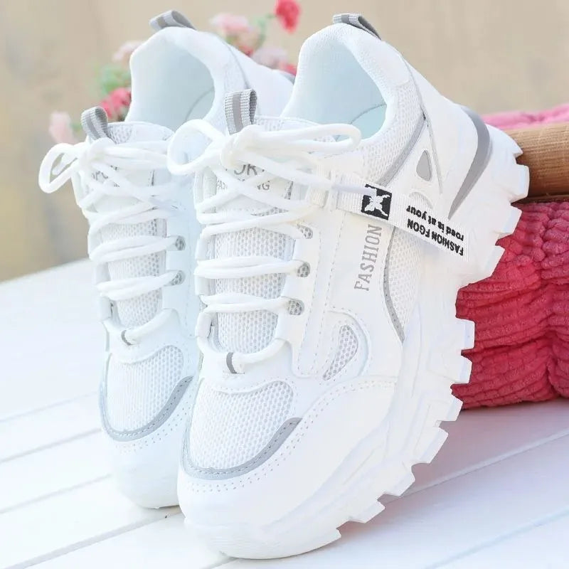 Women Sneakers Breath Thick Bottom Lightweight Sports Shoes 2025 New Lace-up Wedge Sneakers Women Comfortable Leisure Shoes