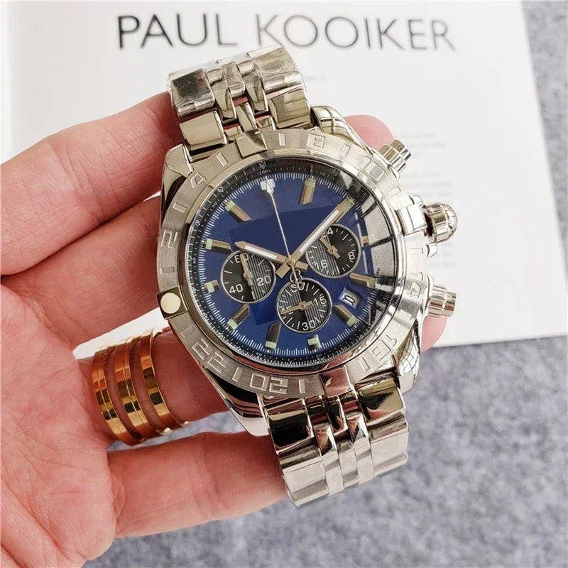 Modern Sophisticated Updated Mens Chronograph Quartz Watches Rustproof Premium High Grade Steel Band Multi Function Stopwatch