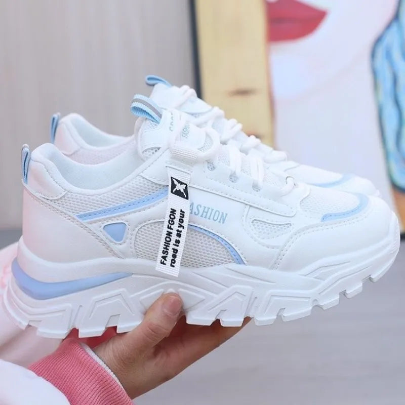 Women Sneakers Breath Thick Bottom Lightweight Sports Shoes 2025 New Lace-up Wedge Sneakers Women Comfortable Leisure Shoes