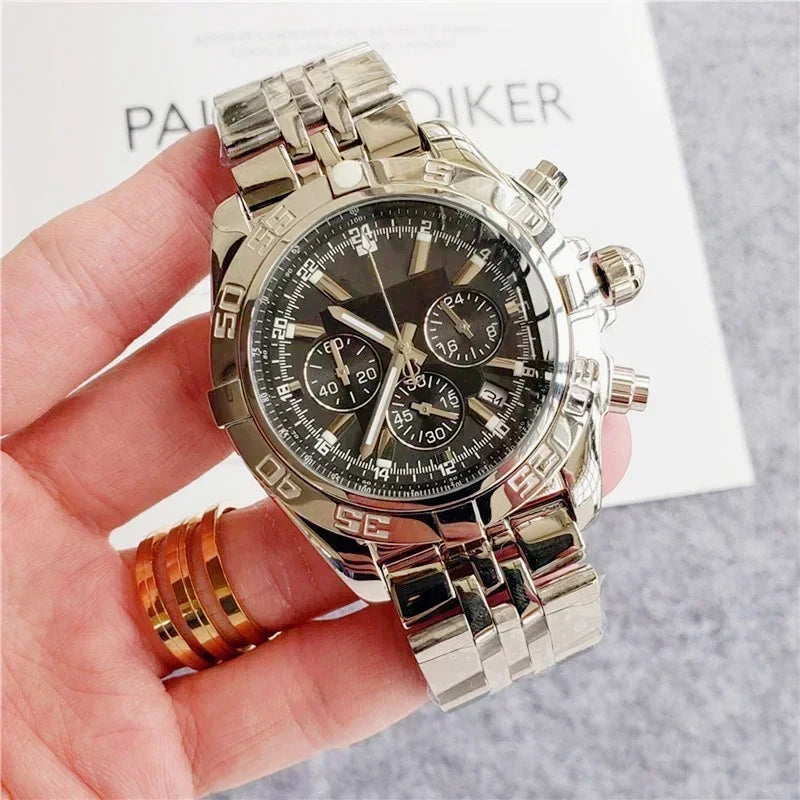 Modern Sophisticated Updated Mens Chronograph Quartz Watches Rustproof Premium High Grade Steel Band Multi Function Stopwatch