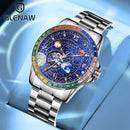 GLENAW New Rotating Earth Mechanical Watch Men Space astronaut dial Night Light Waterproof Stainless Steel Strap Automatic Watch