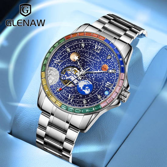 GLENAW New Rotating Earth Mechanical Watch Men Space astronaut dial Night Light Waterproof Stainless Steel Strap Automatic Watch