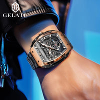Reloj Hombre Watches Mens GELATU Top Brand Luxury Rose Black Skeleton Tourbillon Automatic Mechanical Watch for Men Waterproof