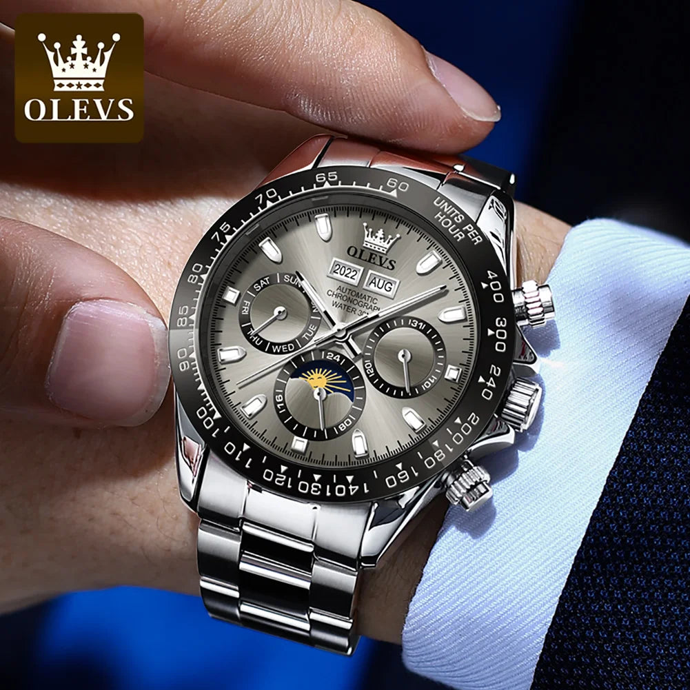 OLEVS 6654 Mens Watch Fashion Chronograph Automatic Mechanical Wristwatch Waterproof Luminous Function Top Brand Watch for Man