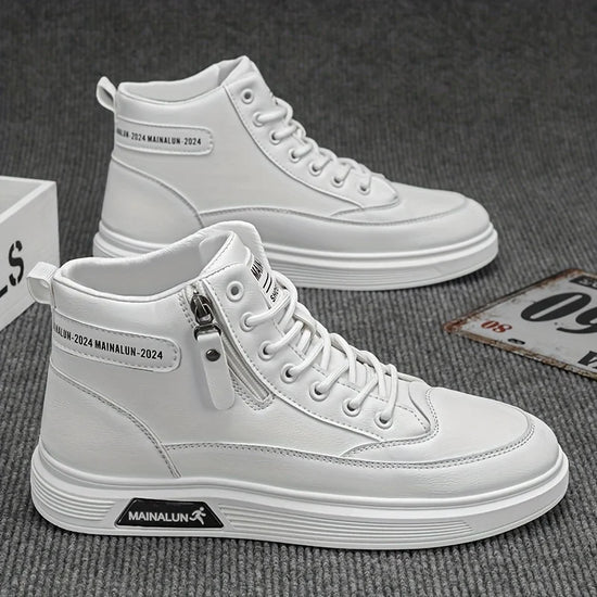 High-Top Sneakers for Men Designed for All Seasons, Featuring a Non-Slip PU Sole And a White Laceless Design Suitable for Urban