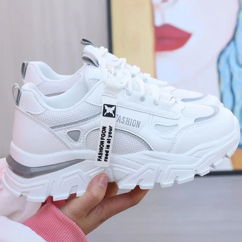 Women Sneakers Breath Thick Bottom Lightweight Sports Shoes 2025 New Lace-up Wedge Sneakers Women Comfortable Leisure Shoes