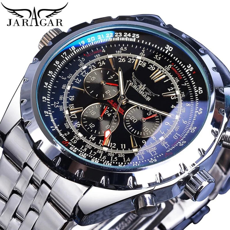JARAGAR 212 Elegant Automatic Mechanical Watches for Man Hollowing Dial Chronograph Luminous Multifunctional Men Wristwatch