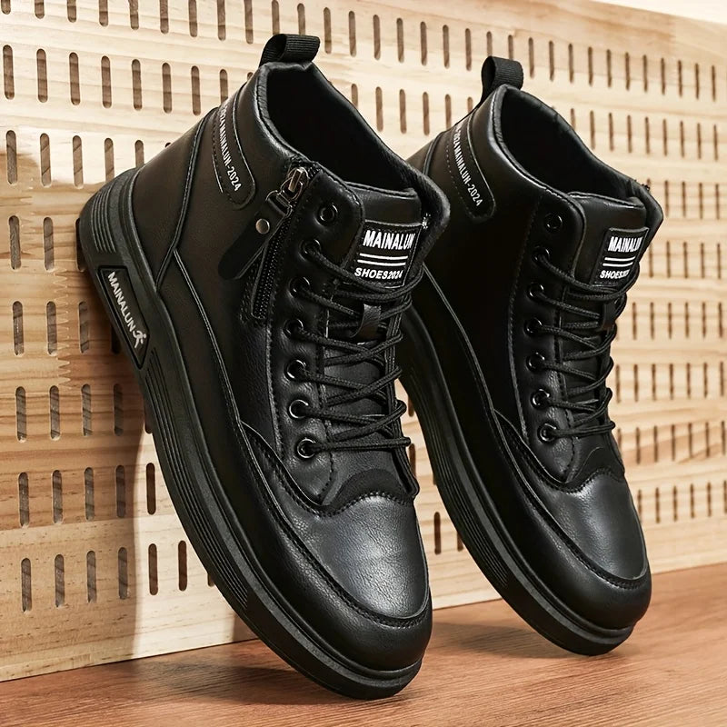 High-Top Sneakers for Men Designed for All Seasons, Featuring a Non-Slip PU Sole And a White Laceless Design Suitable for Urban