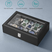 2026 New 12 Grid Watch Case with Glass Cover Removable Lining Metal Buckle Black Synthetic Leather and Lining