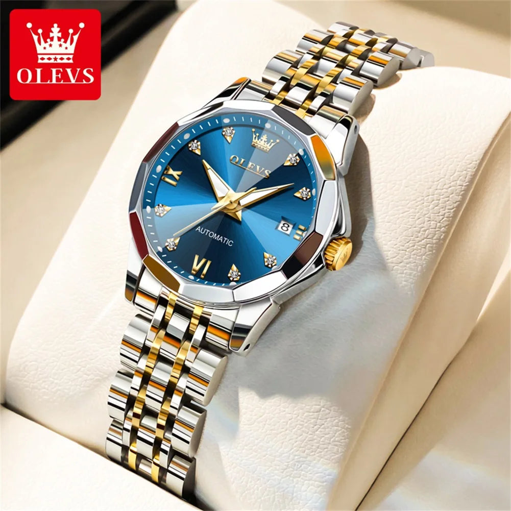 OLEVS 9982 Fully Automatic Mechanical Watches For Women Fashion Rhombus Mirror Waterproof Date Elegant Ladies Dress Wristwatches