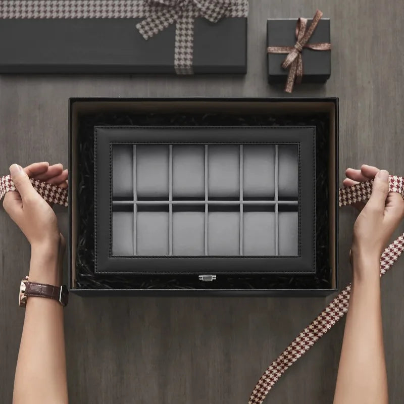 2026 New 12 Grid Watch Case with Glass Cover Removable Lining Metal Buckle Black Synthetic Leather and Lining