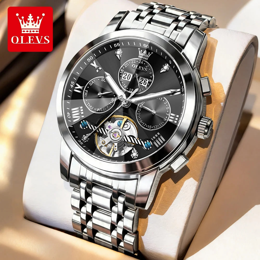 OLEVS 7121 Mechanical Men's Watches Fashion Skeleton Flywheel Rhombus Mirror Luminous Waterproof Luxury Automatic Man Watch New