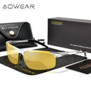 AOWEAR Mens Polarized Night Vision Glasses for Night Driving Rimless Aluminium Yellow Sunglasses Night Driver Anti-glare Eyewear