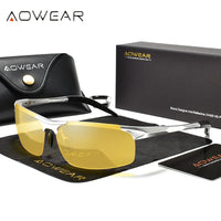 AOWEAR Mens Polarized Night Vision Glasses for Night Driving Rimless Aluminium Yellow Sunglasses Night Driver Anti-glare Eyewear