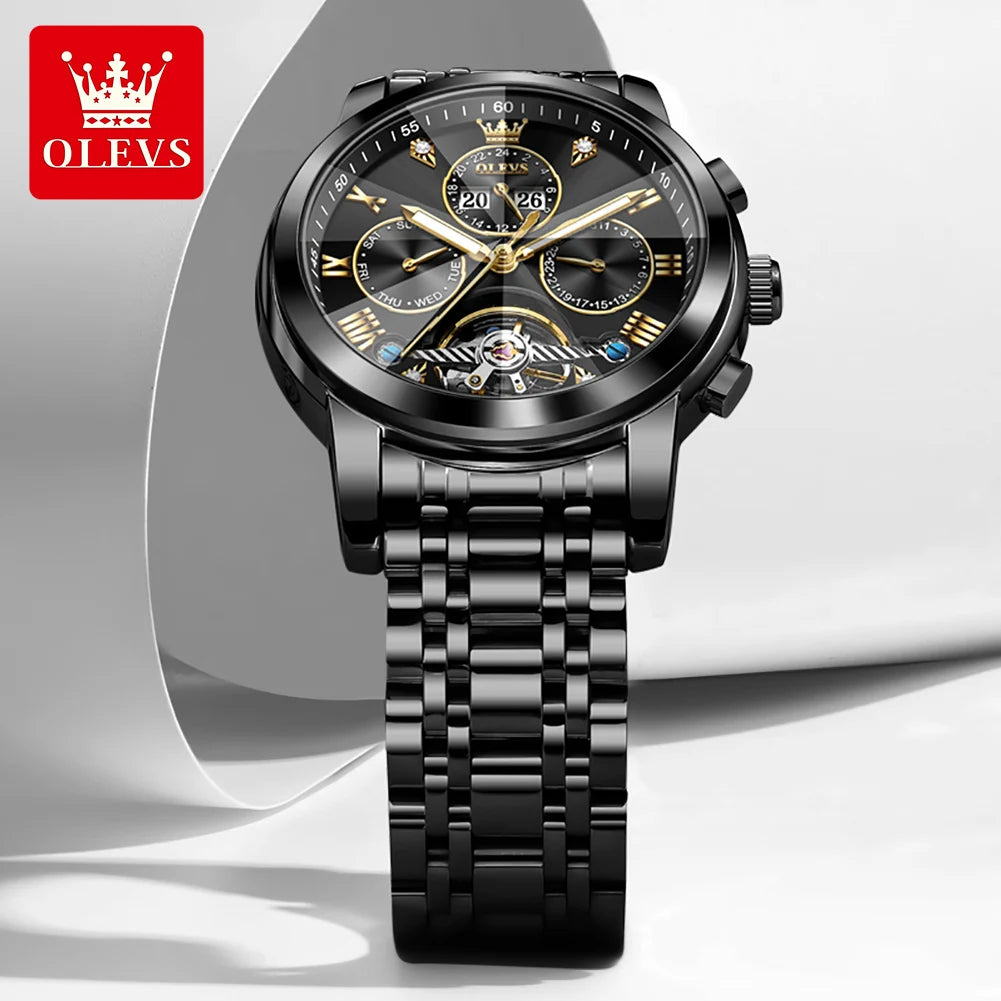 OLEVS 7121 Mechanical Men's Watches Fashion Skeleton Flywheel Rhombus Mirror Luminous Waterproof Luxury Automatic Man Watch New