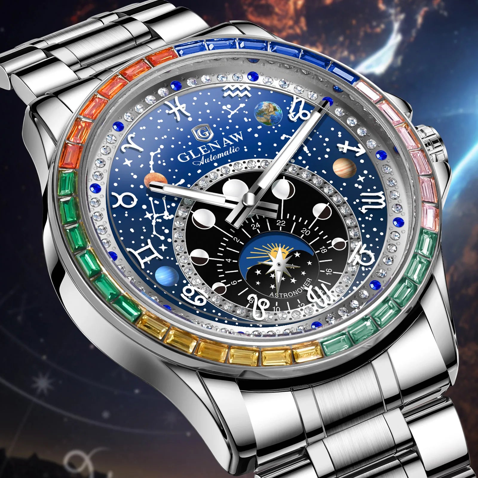 2025 New GLENAW Design Rainbow Circle Mechanical Watch Men Constellation dial Night Light Waterproof Top Luxury Mechanical Watch