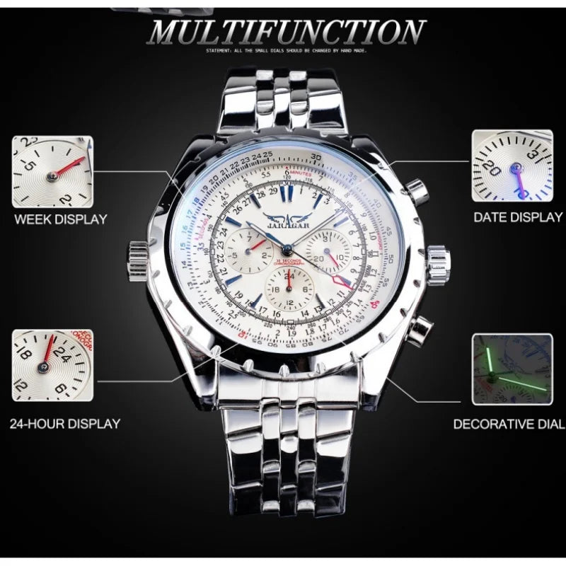 JARAGAR 212 Elegant Automatic Mechanical Watches for Man Hollowing Dial Chronograph Luminous Multifunctional Men Wristwatch