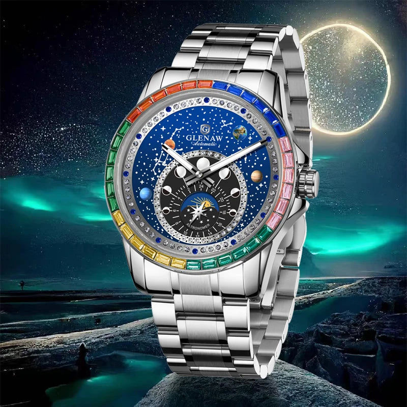 2025 New GLENAW Design Rainbow Circle Mechanical Watch Men Constellation dial Night Light Waterproof Top Luxury Mechanical Watch