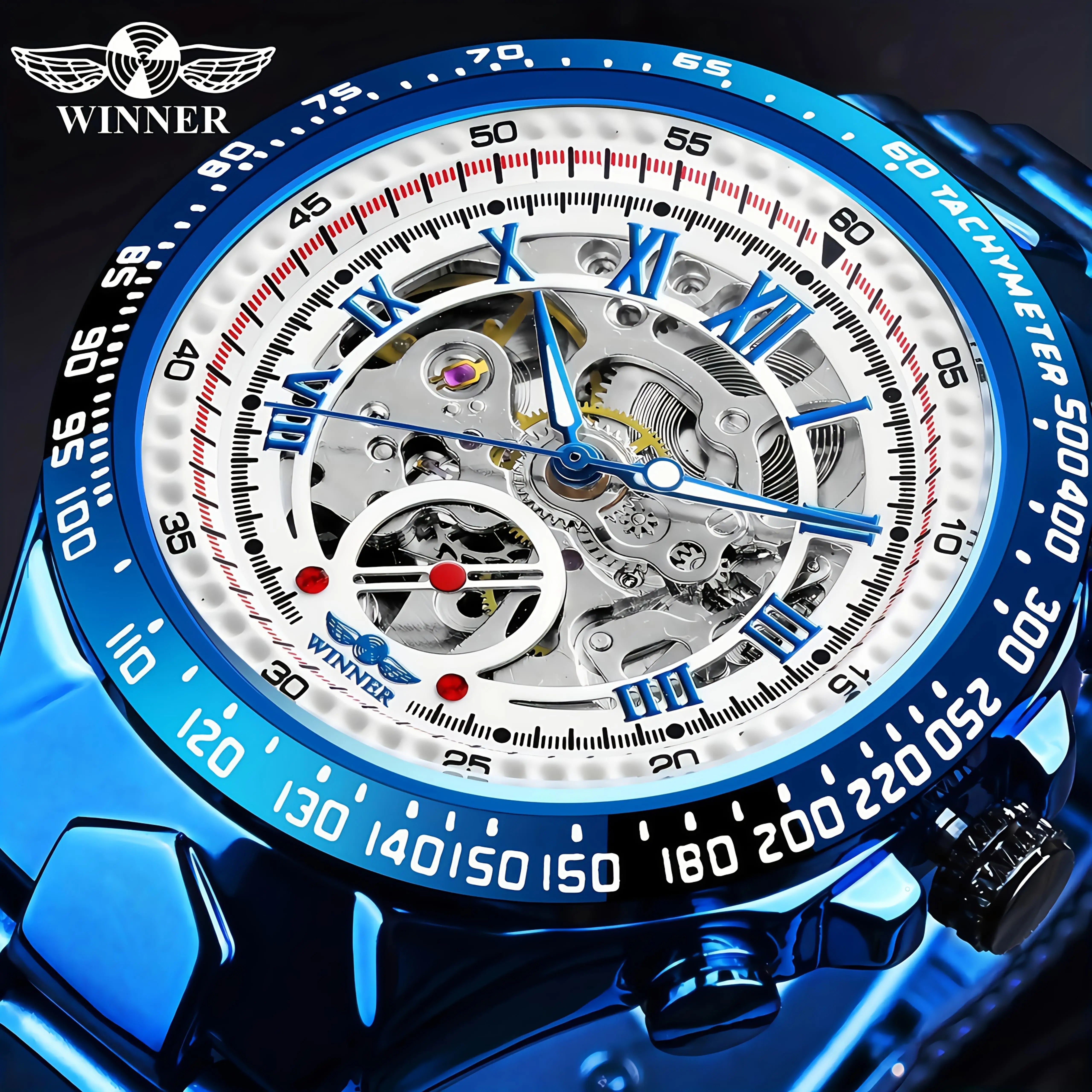 Fashion Men Automatic Mechanical Wristwatch Skeleton Dial Luminous Waterproof Stainless Steel Strap Watch Male Festival Gift