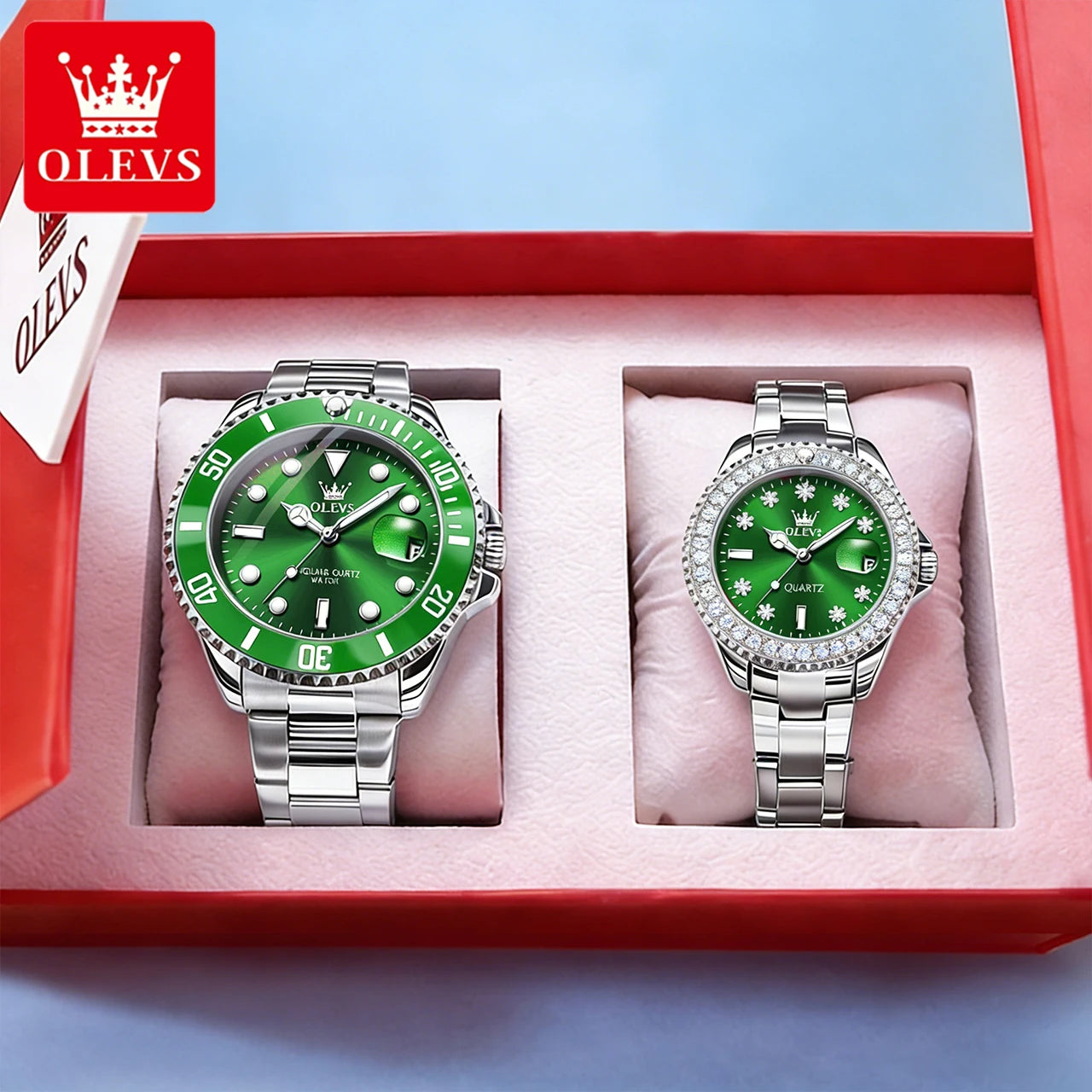 OLEVS Top Brand Couple Watches Trend Luxury Fine Steel Original Quartz Wristwatch for Lover Exquisite Gift Box Waterproof 2Pcs