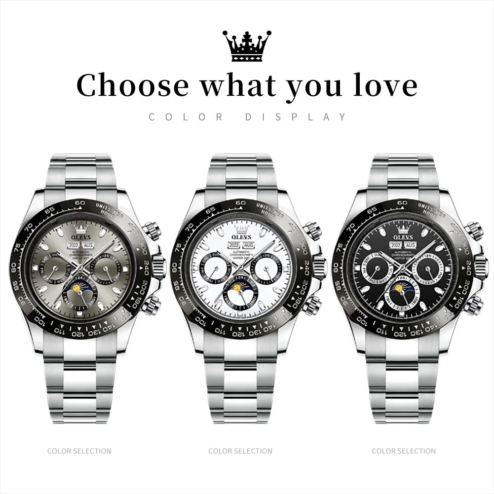 OLEVS 6654 Mens Watch Fashion Chronograph Automatic Mechanical Wristwatch Waterproof Luminous Function Top Brand Watch for Man