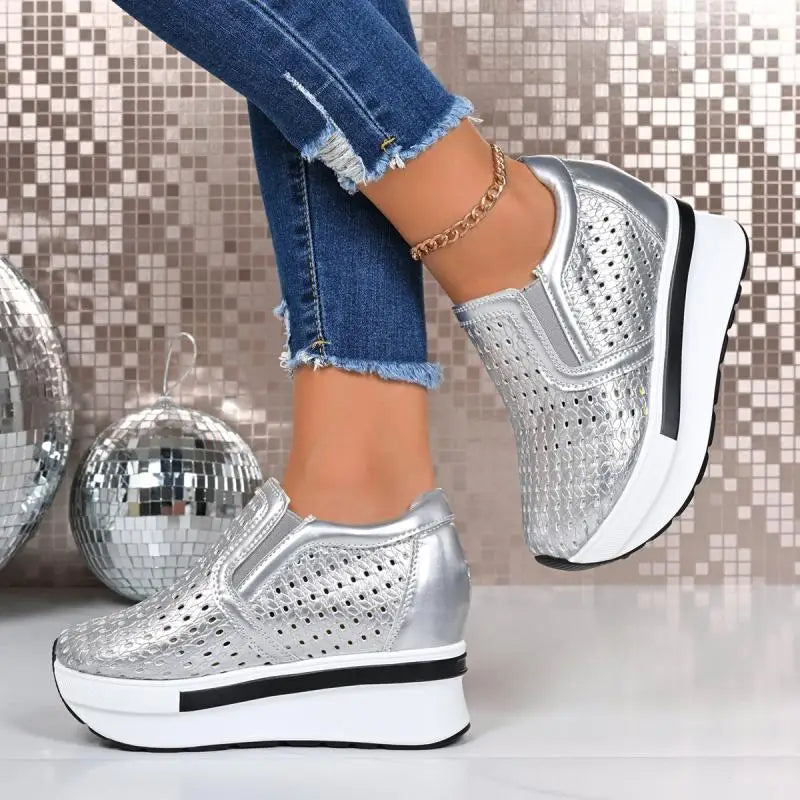 Breathable Hollow Out Thick Bottom Sneakers Women 2025 Autumn Chunky Platform High Heel Casual Shoes Slip On Non Slip Shoes