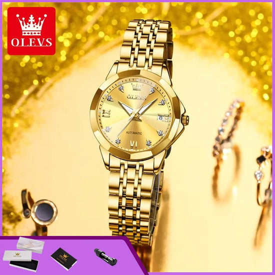 OLEVS 9982 Fully Automatic Mechanical Watches For Women Fashion Rhombus Mirror Waterproof Date Elegant Ladies Dress Wristwatches